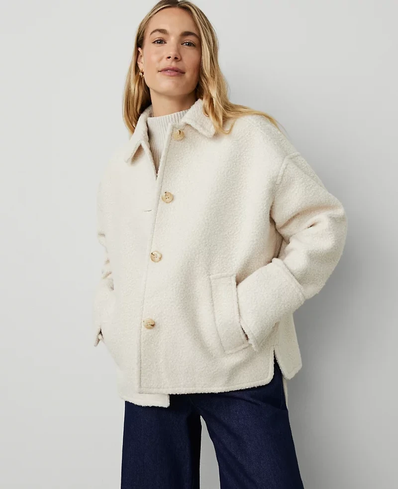 Ann Taylor Petite Weekend Collection Petite Collared Button Front Relaxed Jacket Size XL Sand Shell Women's