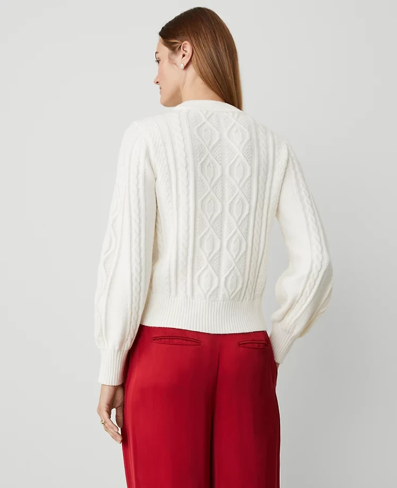 Ann Taylor Petite Puff Sleeve Cable Sweater Size 2XS Winter White Women's