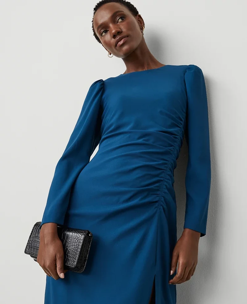 Ann Taylor Petite Ruched Midi Dress Size 00 Sea Storm Women's