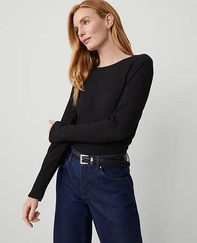 Ann Taylor Weekend Collection Long Sleeve Crew Neck Top Black Women's
