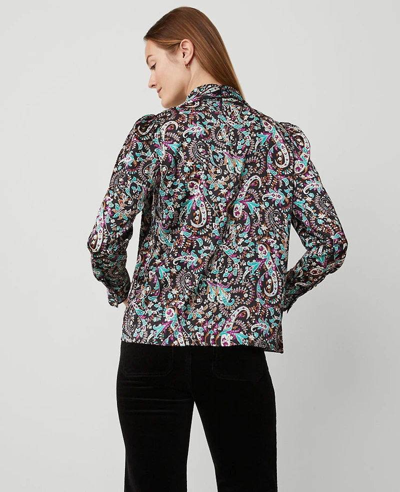 Ann Taylor Petite Paisley Mock Tie Neck Puff Sleeve Top Black Women's