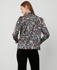 Ann Taylor Petite Paisley Mock Tie Neck Puff Sleeve Top Black Women's