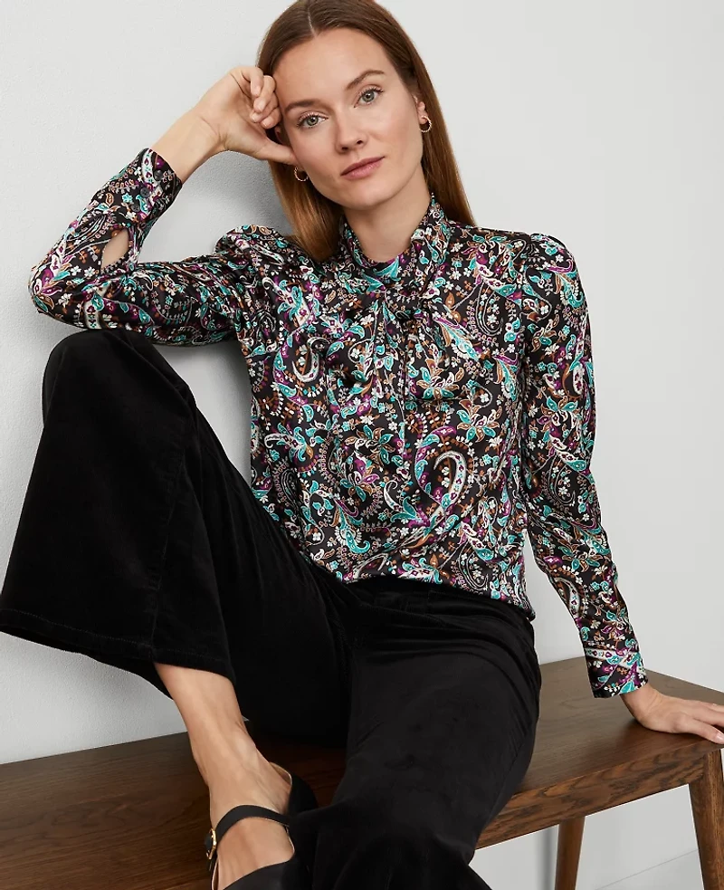 Ann Taylor Petite Paisley Mock Tie Neck Puff Sleeve Top Black Women's