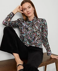 Ann Taylor Petite Paisley Mock Tie Neck Puff Sleeve Top Black Women's