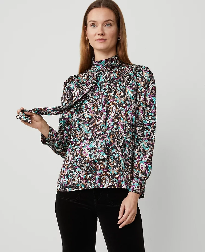 Ann Taylor Petite Paisley Mock Tie Neck Puff Sleeve Top Black Women's