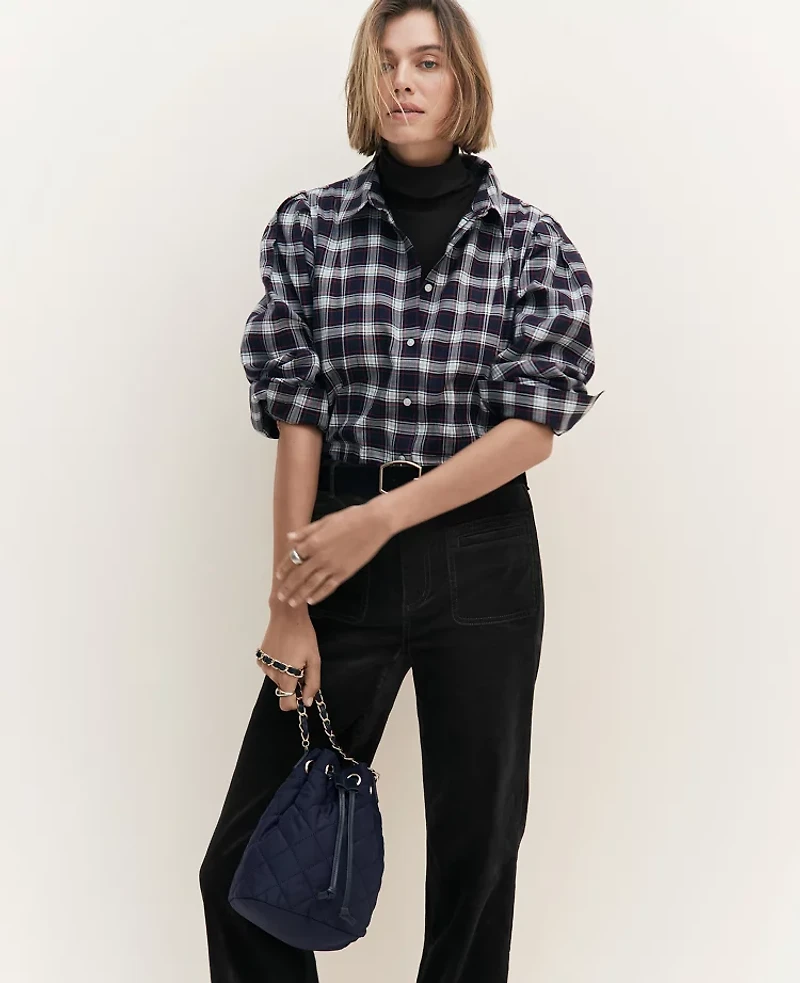 Ann Taylor Weekend Collection Plaid Flannel Shirt Size XS Navy Multi Women's