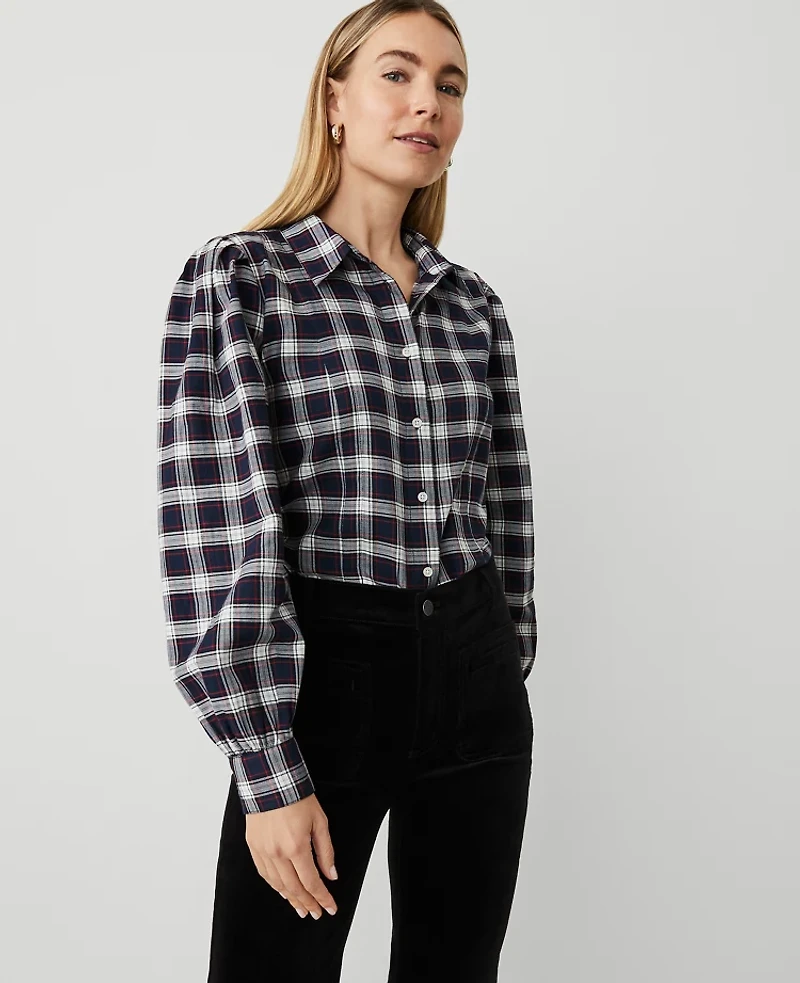 Ann Taylor Weekend Collection Plaid Flannel Shirt Size XS Navy Multi Women's