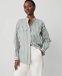 Ann Taylor Striped Oversized Pocket Shirt Size Medium Topiary Green Women's