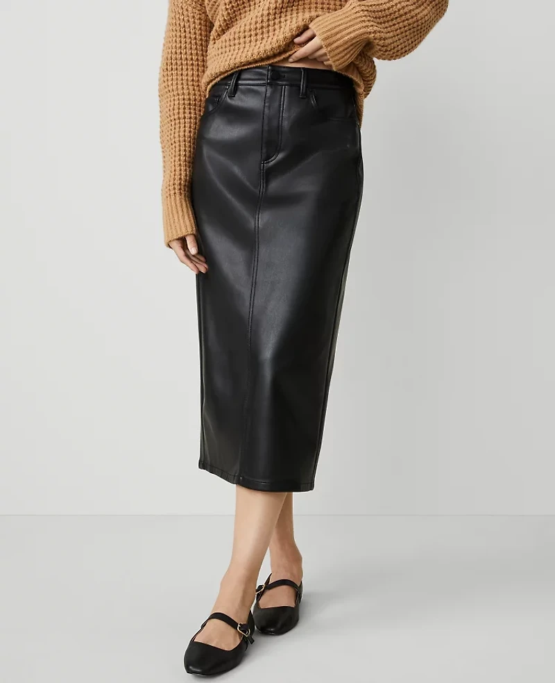 Ann Taylor Petite Faux Leather Column Midi Skirt Size 00 Black Women's