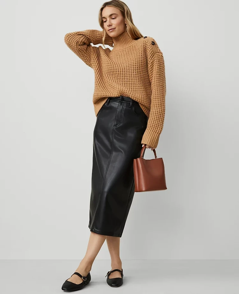 Ann Taylor Petite Faux Leather Column Midi Skirt Size 00 Black Women's