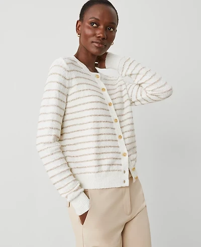 Ann Taylor Sequin Striped Ann Cardigan Size XL Camel/White Combo Women's