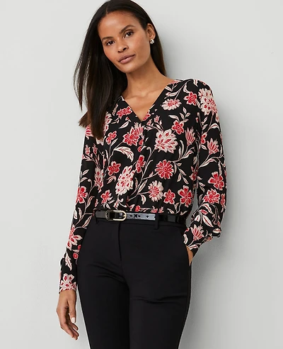 Ann Taylor Petite Floral Mixed Media Pleat Front Top Size 2XS Black Women's