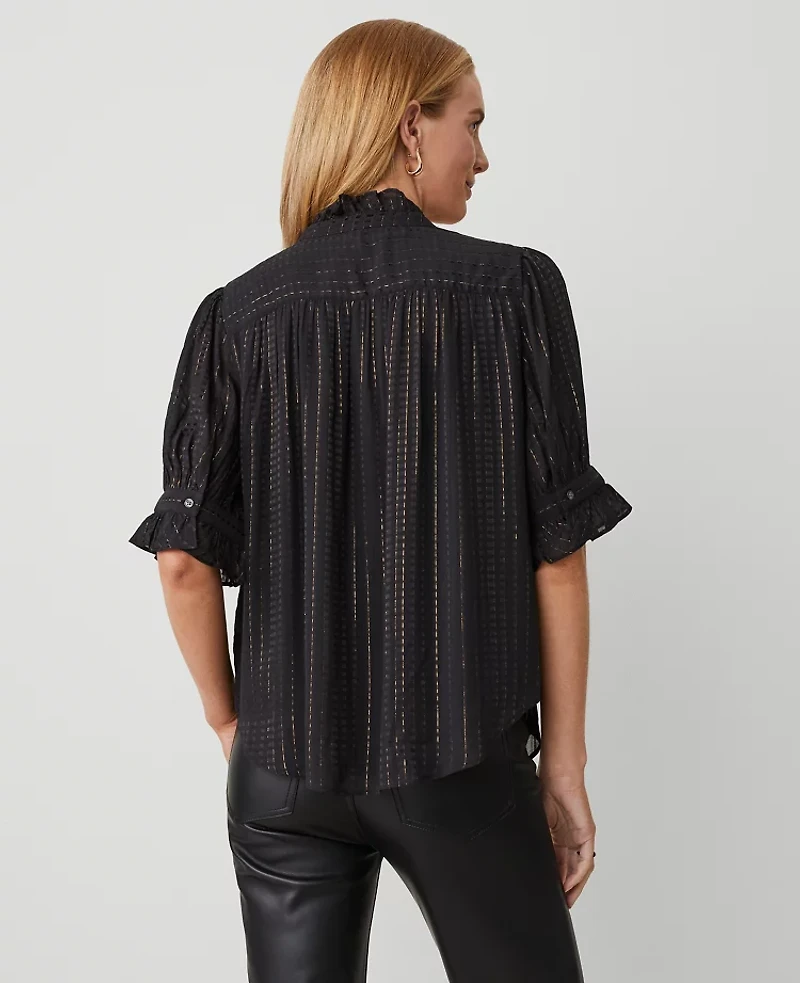Ann Taylor Metallic Stripe Ruffle Button Top Size 2XS Black Women's