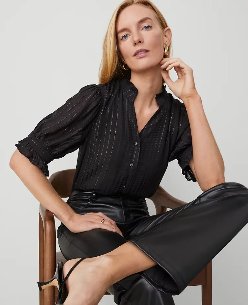 Ann Taylor Metallic Stripe Ruffle Button Top Size 2XS Black Women's