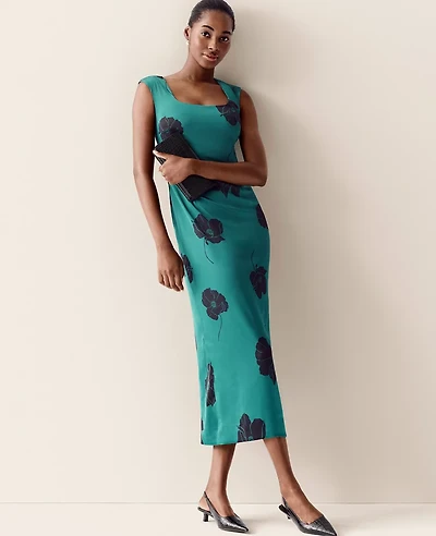 Ann Taylor Floral Square Neck Column Maxi Dress Size 0 Green Marais Women's