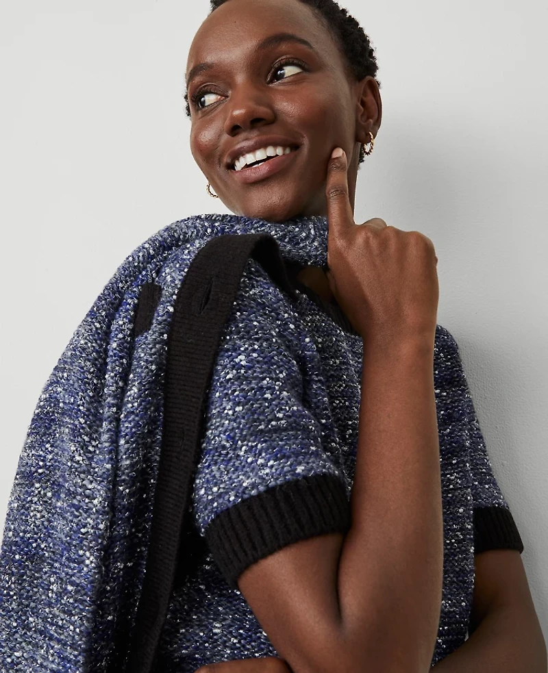 Ann Taylor Petite Tweed Contrast Trim T-Shirt Size Large Blue Multi Women's