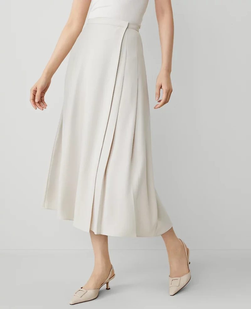 Ann Taylor Pleated Wrap Midi Skirt Size 4 Tahini Women's