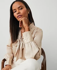 Ann Taylor Satin Tie Neck Blouse Size XL Toasted Oat Women's