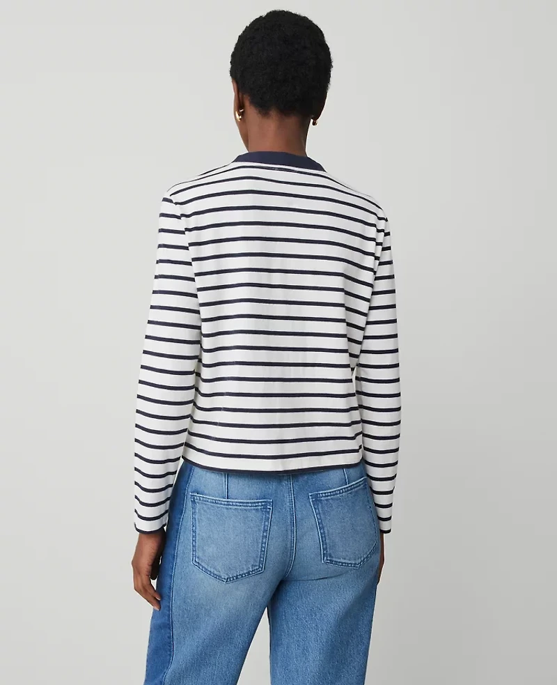 Ann Taylor Striped V-Neck Cardigan Size Large Winter White Women's