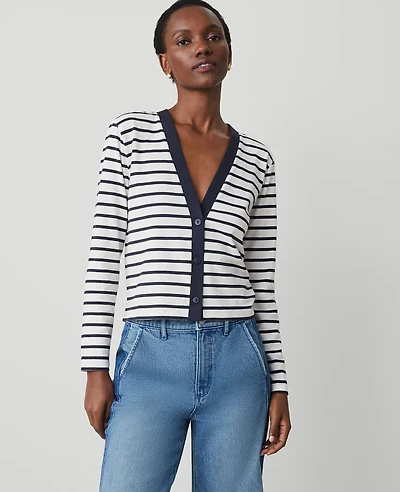 Ann Taylor Striped V-Neck Cardigan Size 2XL Winter White Women's