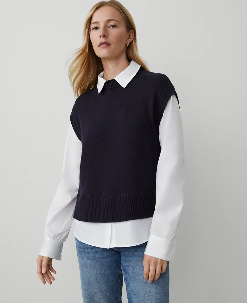 Ann Taylor Layered Mixed Media Sweater Night Sky Women's