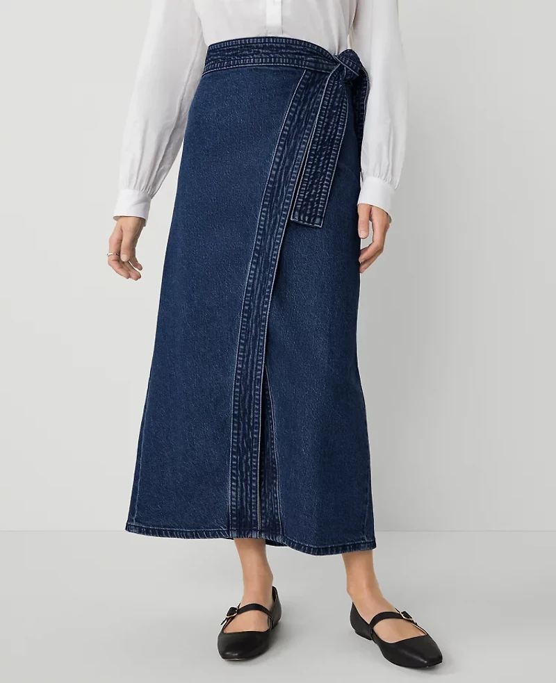 Ann Taylor Petite Weekend Collection Denim Wrap Maxi Skirt Vintage Dark Wash Women's