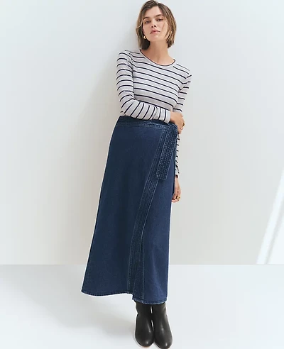 Ann Taylor Petite Weekend Collection Denim Wrap Maxi Skirt Vintage Dark Wash Women's