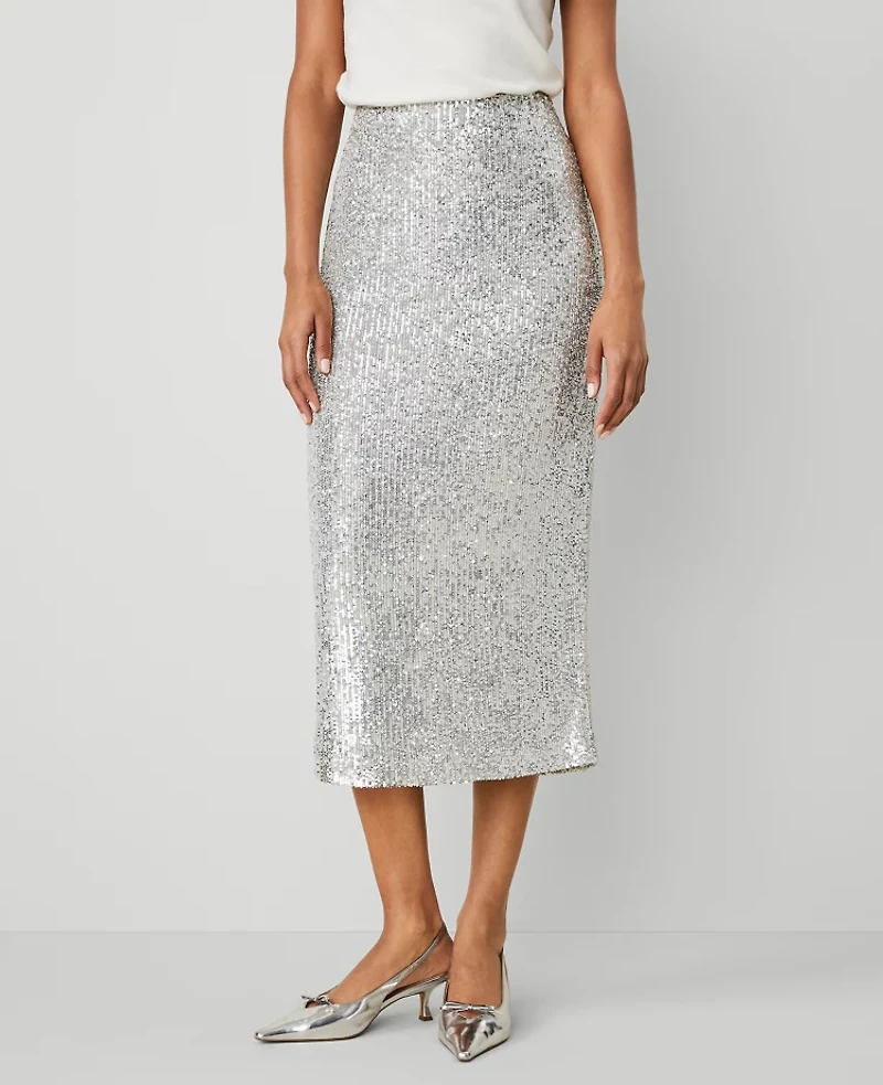 Ann Taylor Petite Sequin Column Midi Skirt Size 00 Silver Spark Women's
