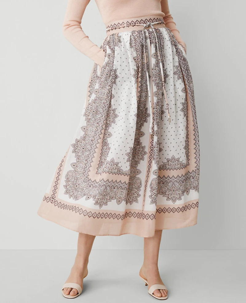 Ann Taylor Studio Collection Paisley Tie-Waist Midi Skirt Almond Latte Women's