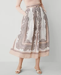 Ann Taylor Studio Collection Paisley Tie-Waist Midi Skirt Almond Latte Women's