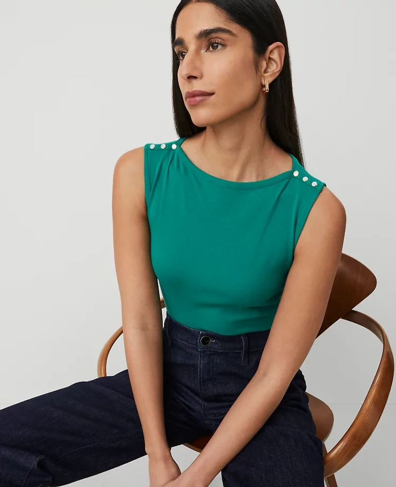 Ann Taylor Pearlized Snap Shoulder Shell Top Size Medium Shady Glade Women's