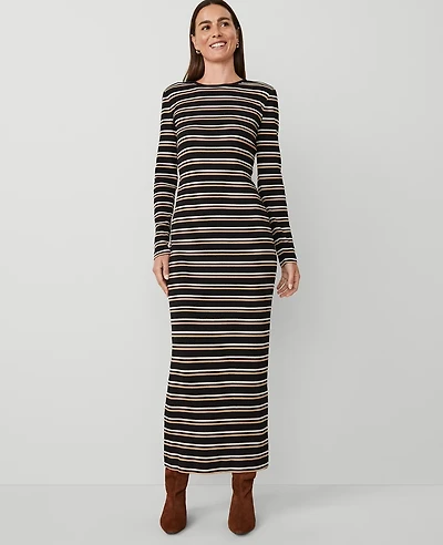Ann Taylor Petite Weekend Collection Long Crew Neck Knit Dress Black/Neutral Combo Women's