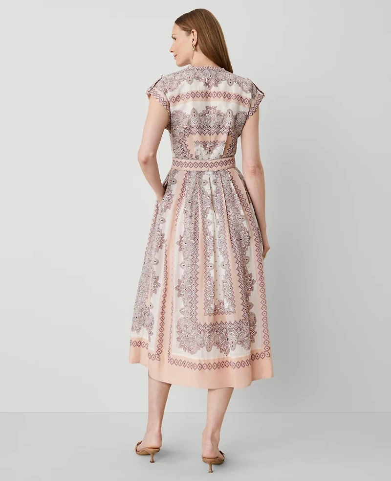 Ann Taylor Studio Collection Paisley Split-Neck Flare Dress Almond Latte Women's