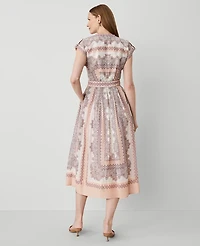 Ann Taylor Studio Collection Paisley Split-Neck Flare Dress Almond Latte Women's