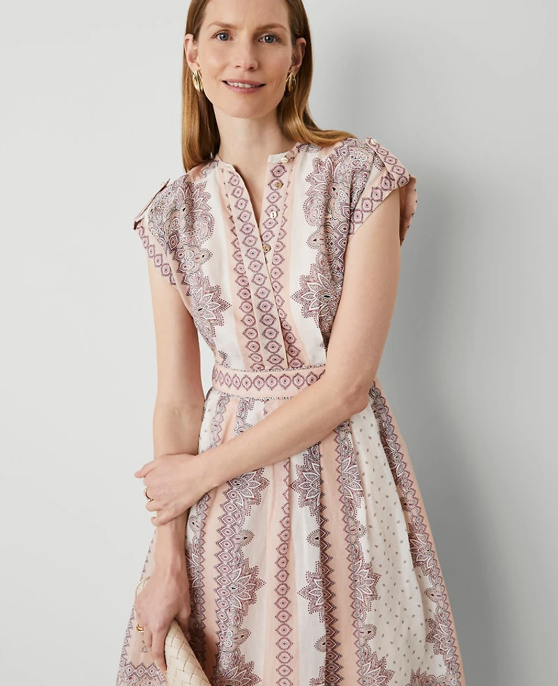 Ann Taylor Studio Collection Paisley Split-Neck Flare Dress Almond Latte Women's
