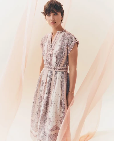 Ann Taylor Studio Collection Paisley Split-Neck Flare Dress Almond Latte Women's