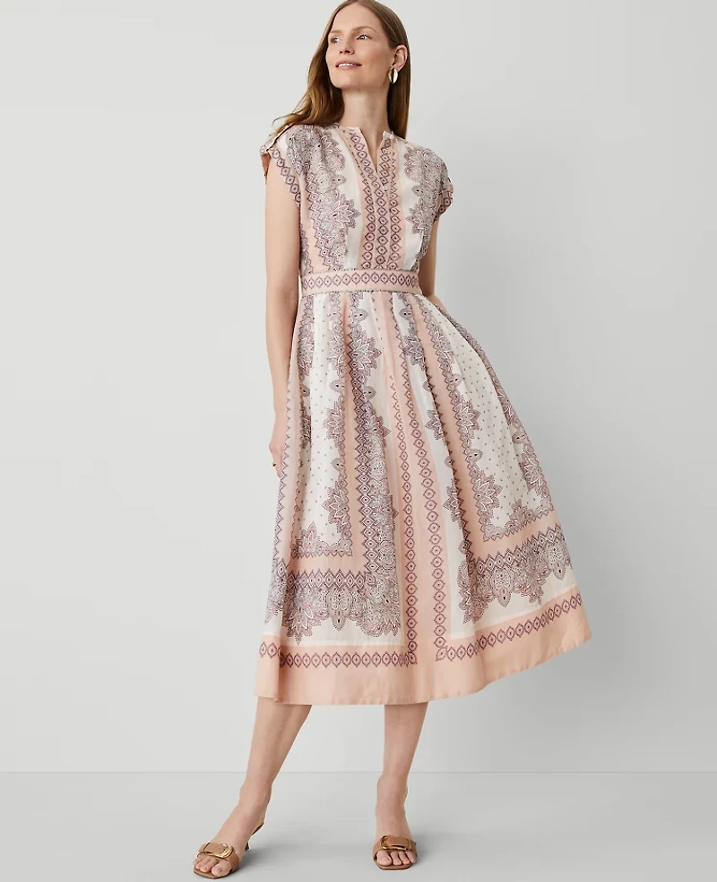 Ann Taylor Studio Collection Paisley Split-Neck Flare Dress Almond Latte Women's