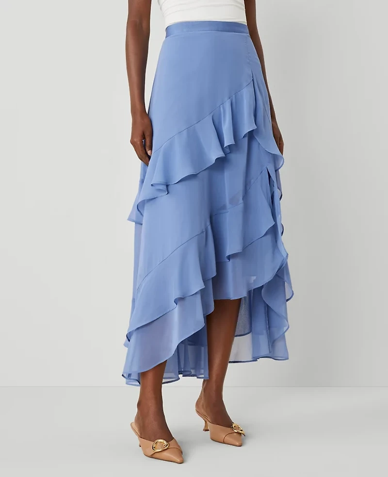 Ann Taylor Chiffon Ruffle Maxi Skirt Colony Blue Women's
