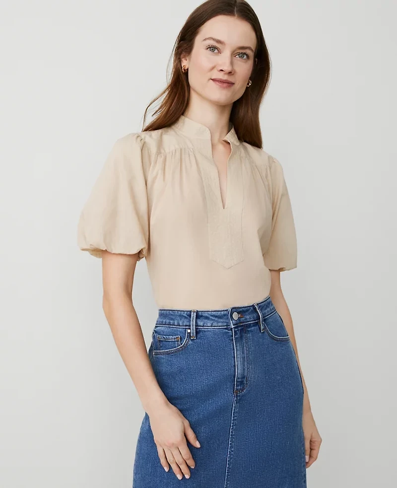 Ann Taylor Puff Sleeve Popover Top Toasted Oat Women's