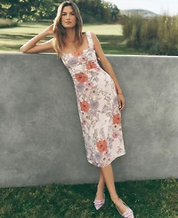 Ann Taylor Floral Linen Blend Flare Dress Orchid Hush Women's