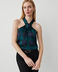 Ann Taylor Petite Tartan Rosette Drape-Neck Halter Top Rainforest Women's