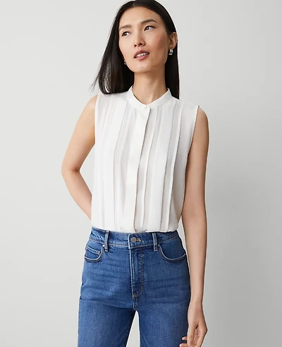 Ann Taylor Pintucked Button Shell Top Size Large Winter White Women's