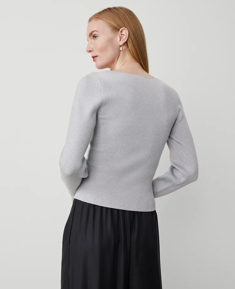 Ann Taylor Shimmer V-Neck Ribbed Sweater Size XS Silver Metallic Women's