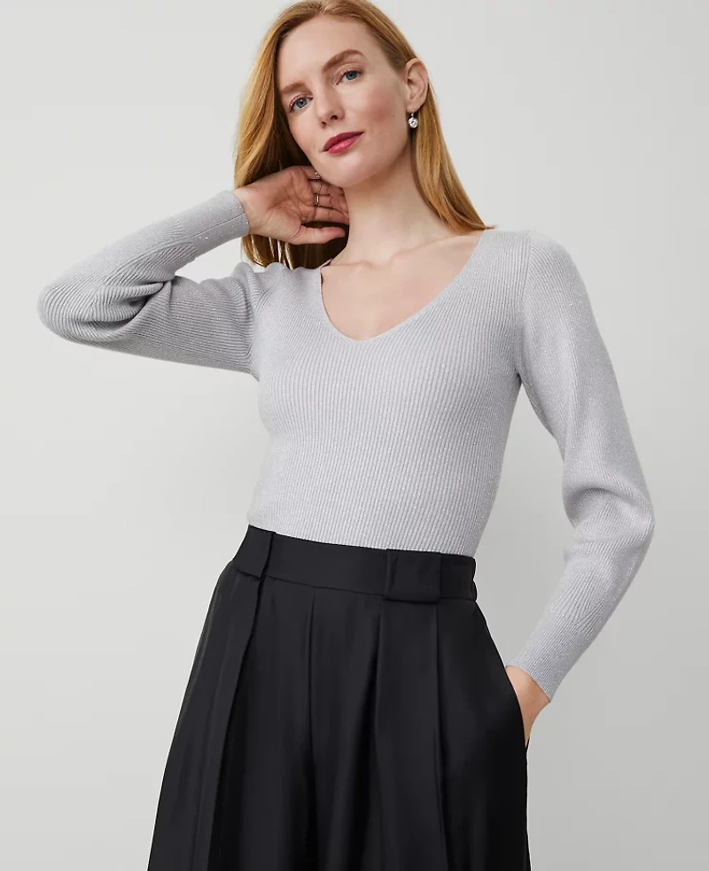 Ann Taylor Shimmer V-Neck Ribbed Sweater Size XS Silver Metallic Women's