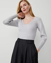 Ann Taylor Shimmer V-Neck Ribbed Sweater Size XS Silver Metallic Women's