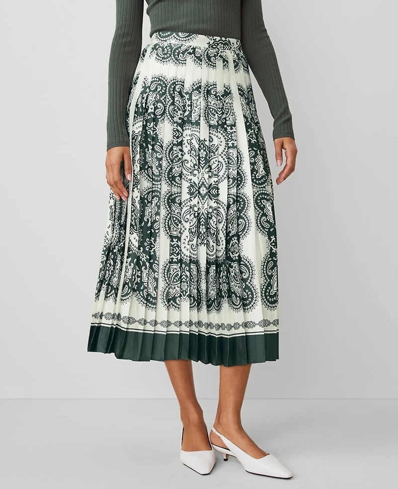 Ann Taylor Paisley Satin Pleated Midi Skirt Size 4 Dried Cilantro Women's