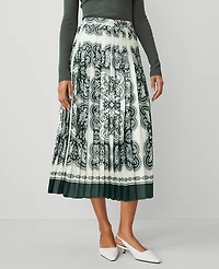 Ann Taylor Paisley Satin Pleated Midi Skirt Size 4 Dried Cilantro Women's