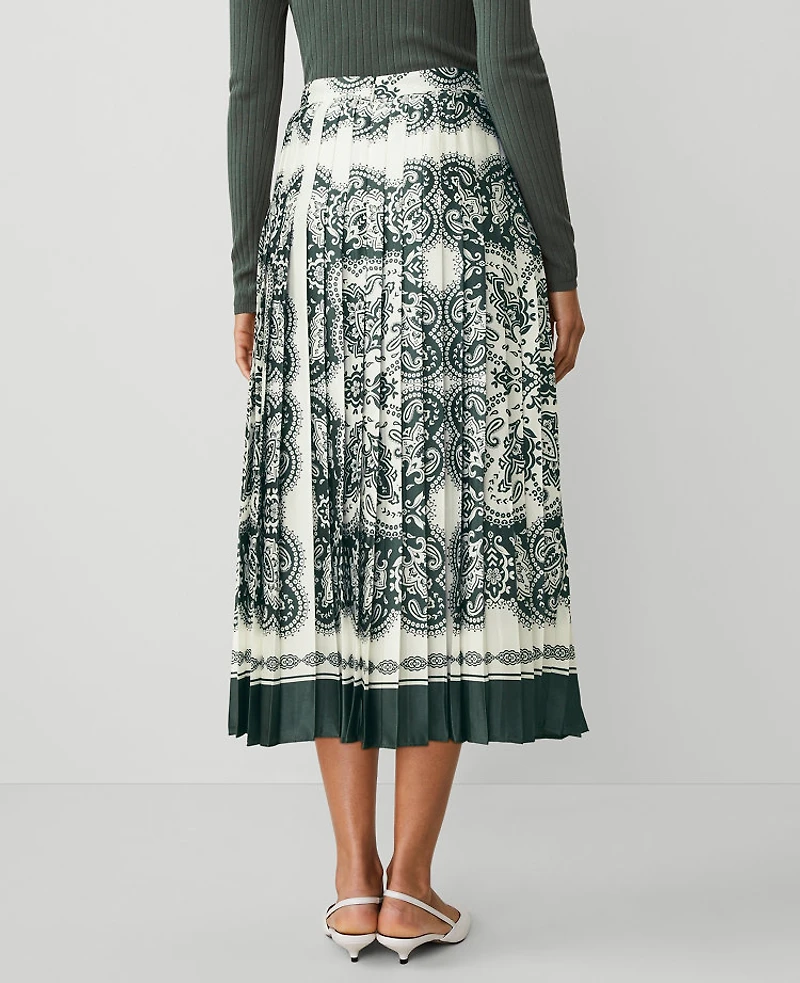 Ann Taylor Paisley Satin Pleated Midi Skirt Size 4 Dried Cilantro Women's