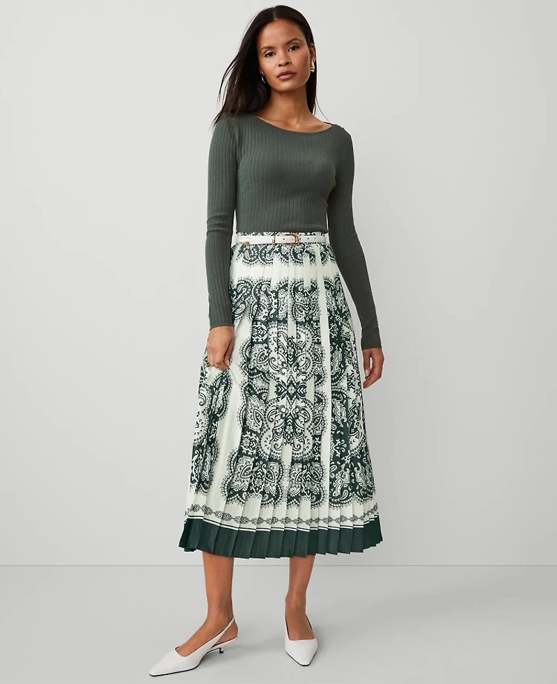 Ann Taylor Paisley Satin Pleated Midi Skirt Size 4 Dried Cilantro Women's