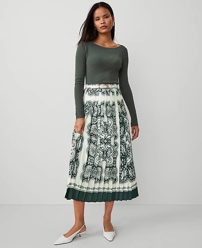 Ann Taylor Paisley Satin Pleated Midi Skirt Size 4 Dried Cilantro Women's